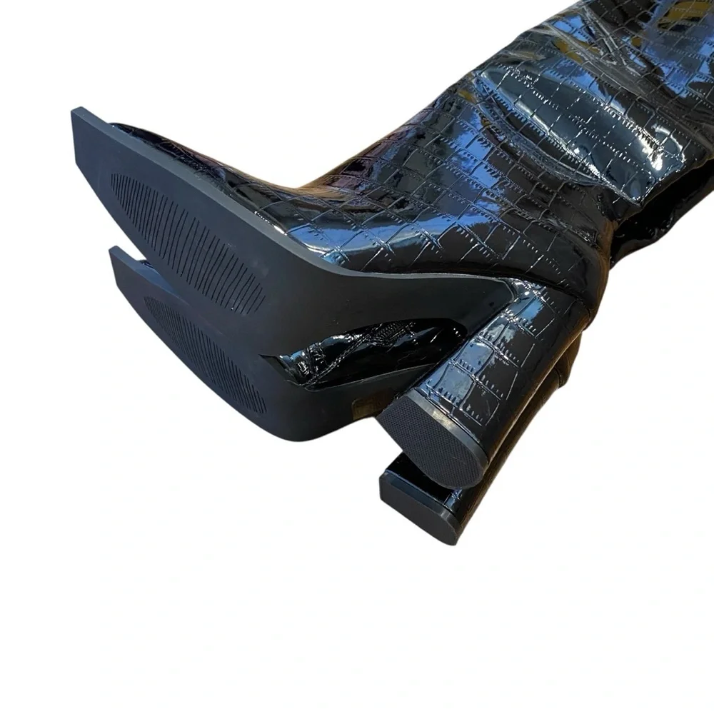 Princess Polly Mercury Knee High Boots Croc Print Black